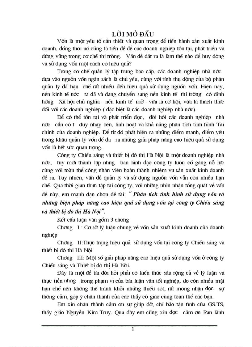 Phân tích tình hình sử dụng vốn và những biện pháp nâng cao hiệu quả sử dụng vốn tại công ty Chiếu sáng và thiết bị đô thị Hà Nội