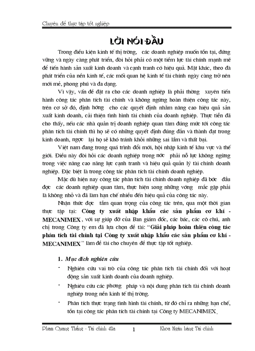 Giải pháp hoàn thiện công tác phân tích tài chính tại Công ty xuất nhập khẩu các sản phẩm cơ khí MECANIMEX