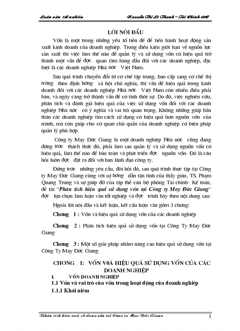 Phân tích hiệu quả sử dụng vốn tại Công ty May Đức Giang