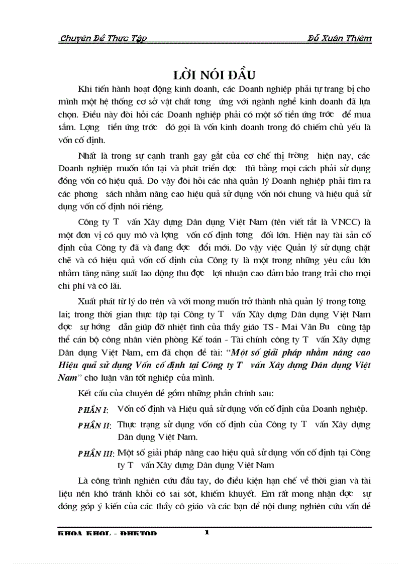 Một số giải pháp nhằm nâng cao Hiệu quả sử dụng Vốn cố định tại Công ty Tư vấn Xây dựng Dân dụng Việt Nam