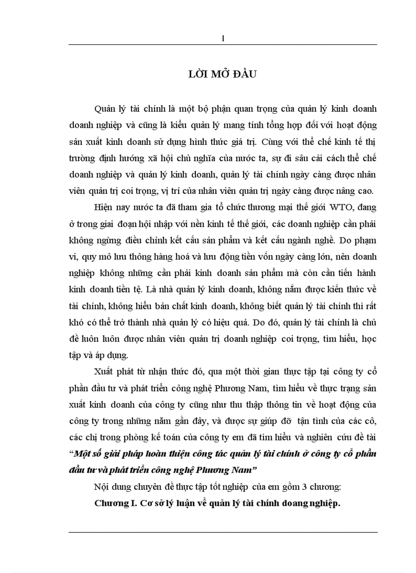 1số giải pháp hoàn thiện công tác quản lý tài chính ở Công ty CP đầu tư và phát triển công nghệ Phương Nam