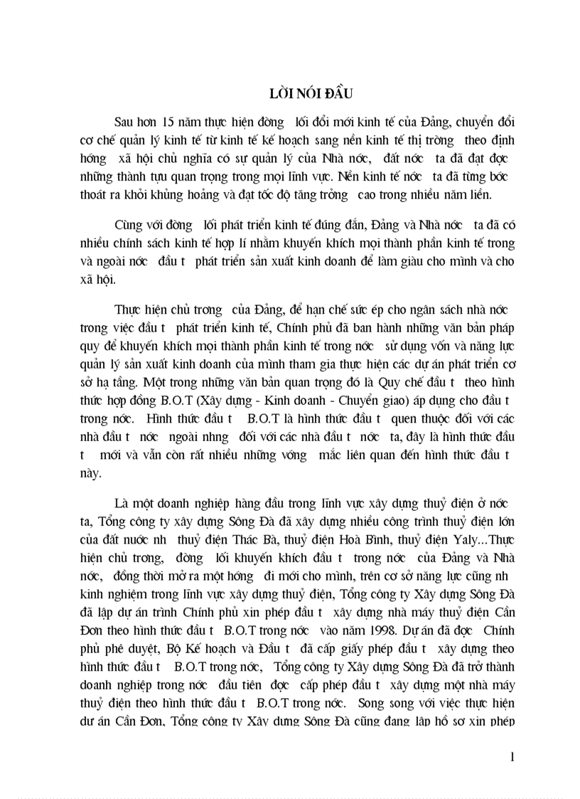 Đầu tư phát triển theo hình thức B O T trong n ớc tại Tổng công ty xây dựng Sông Đà thực trạng và giải pháp