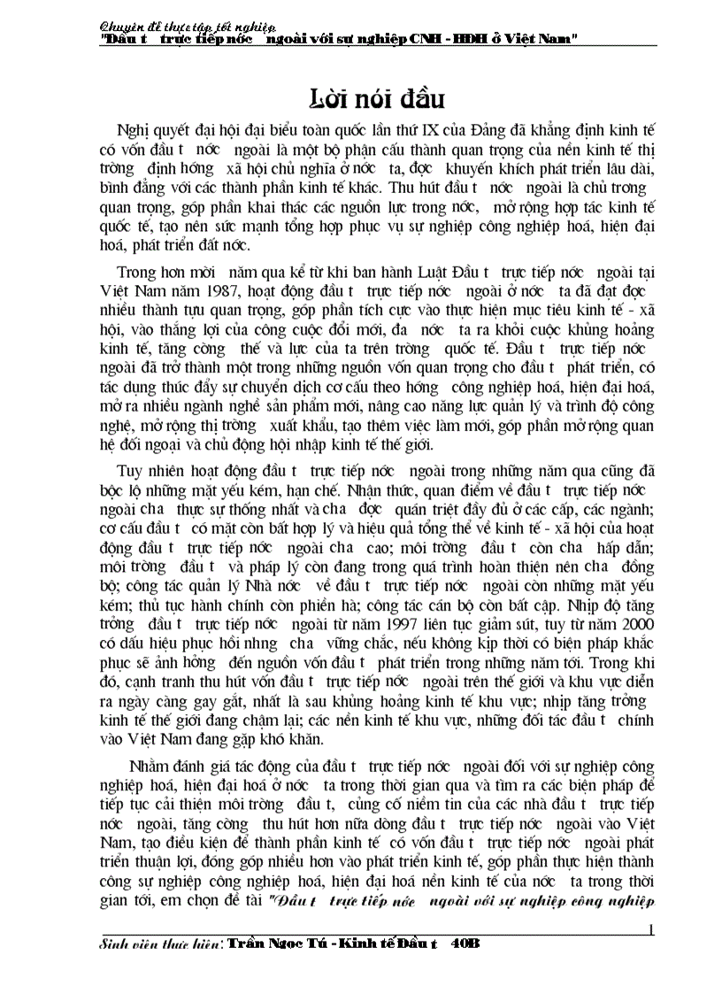 Đầu tư trực tiếp n ước ngoài với sự nghiệp công nghiệp hoá hiện đại hoá ở n ước ta