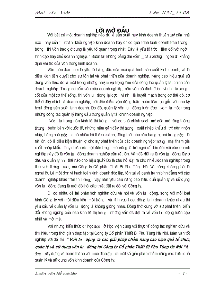 Vốn lưu động và các giải pháp nhằm nâng cao hiệu quả tổ chức quản lý và sử dụng vốn lưu động tại Công ty Cổ phần Thiết Bị Phụ Tùng Hà Nội
