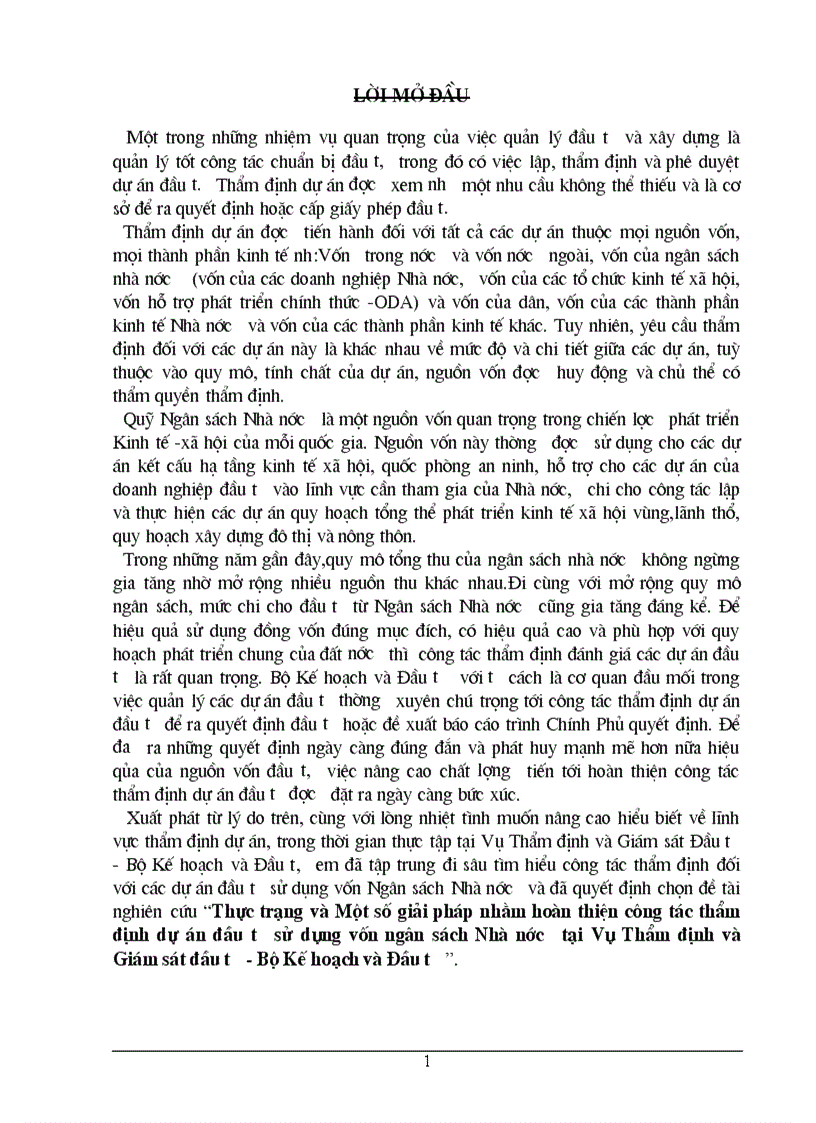 Thực trạng và Một số giải pháp nhằm hoàn thiện công tác thẩm định dự án đầu tư sử dụng vốn ngân sách Nhà nước tại Vụ Thẩm định và Giám sát đầu tư Bộ Kế hoạch và Đầu tư