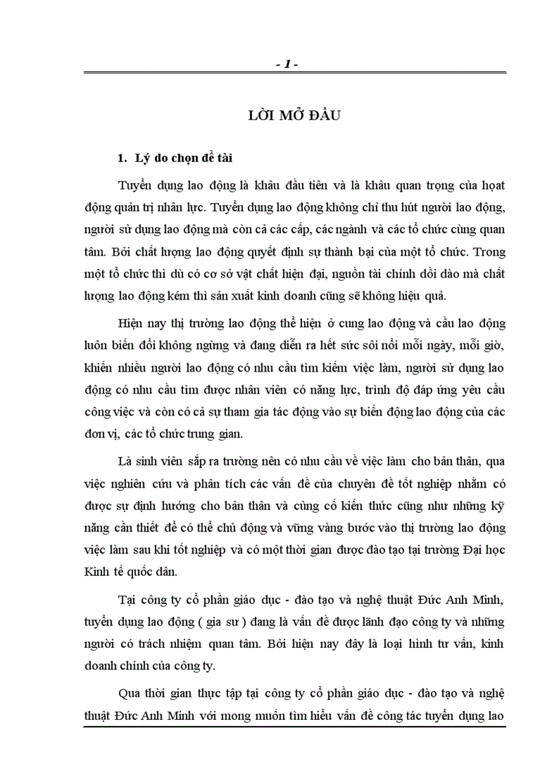 1số giải pháp nâng cao công tác tuyển dụng lao động tại Công ty CP Giáo dục Đào tạo và Nghệ thuật Đức Anh Minh