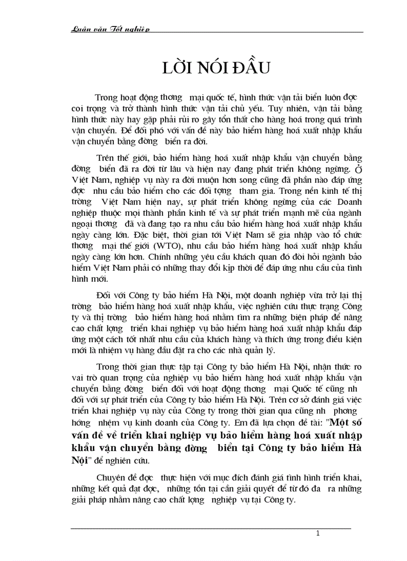 Một số vấn đề về triển khai nghiệp vụ bảo hiểm hàng hoá xuất nhập khẩu vận chuyển bằng đường biển tại Công ty bảo hiểm Hà Nội