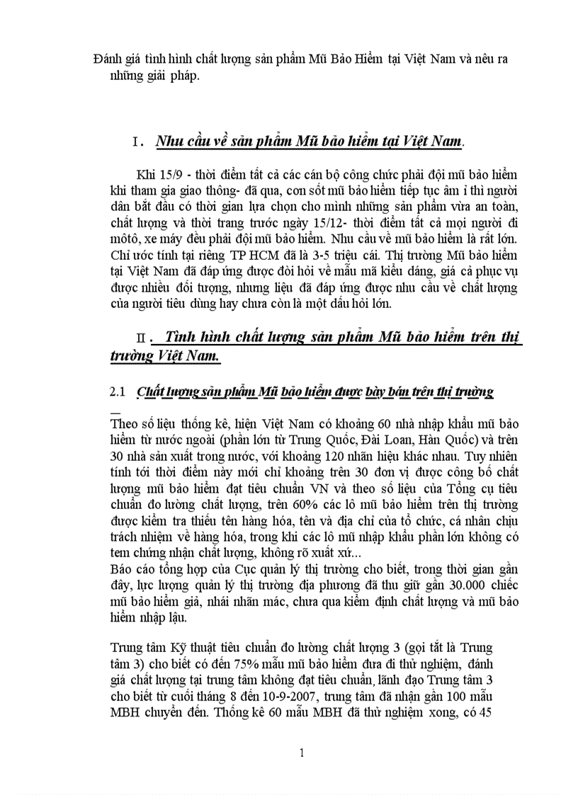 Đánh giá tình hình chất lượng sản phẩm Mũ Bảo Hiểm tại Việt Nam và nêu ra những giải pháp