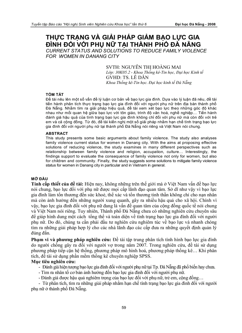 Thực trạng và giải pháp giảm bạo lực gia đình đối với phụ nữ tại thành phố đà nẵng