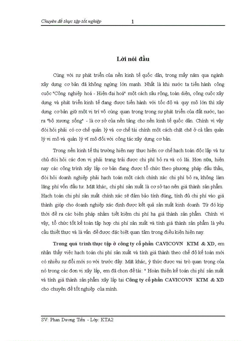 Hoàn thiện kế toán chi phí sản xuất và tính giá thành sản phẩm xây lắp tại Công ty cổ phần CAVICOVN KTM XD
