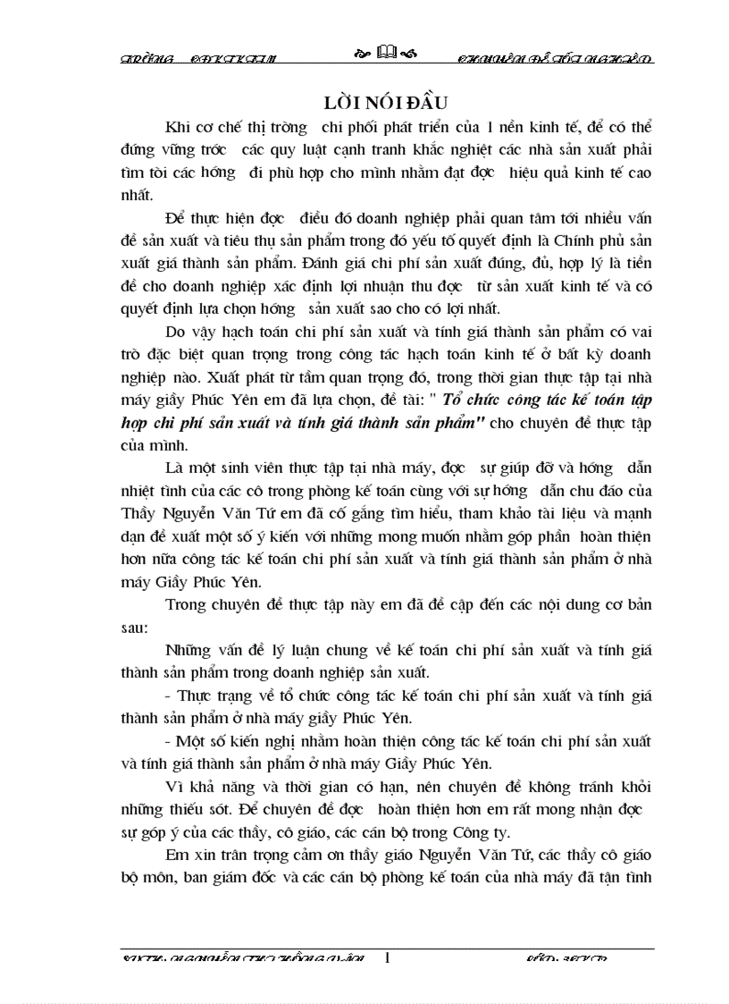 Thực trạng về tổ chức công tác kế toán chi phí sản xuất và tính giá thành sản phẩm ở nhà máy giầy phúc yên