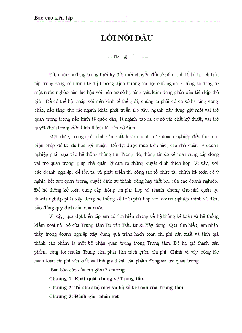 Công tác hạch toán chi phí sản xuất và tính giá thành sản phẩm Trung tâm Tư vấn Đầu tư và Xây dựng