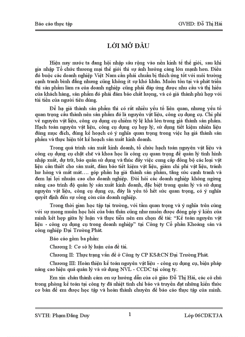 Báo cáo thực tập Kế toán nguyên vật liệu công cụ dụng cụ trong doanh nghiệp