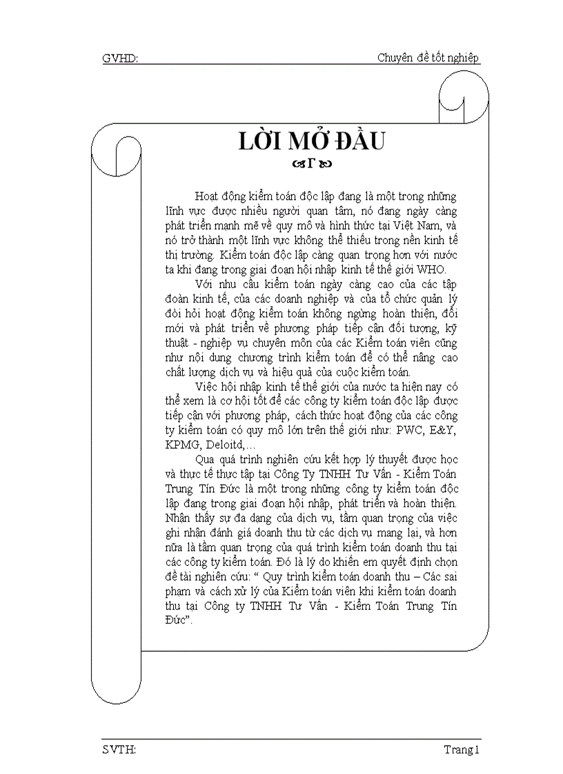 Báo cáo chuyên đề tốt nghiệp ngành kiểm toán tại công ty TNHH tư vấn kiểm toán Trung Tín Đức