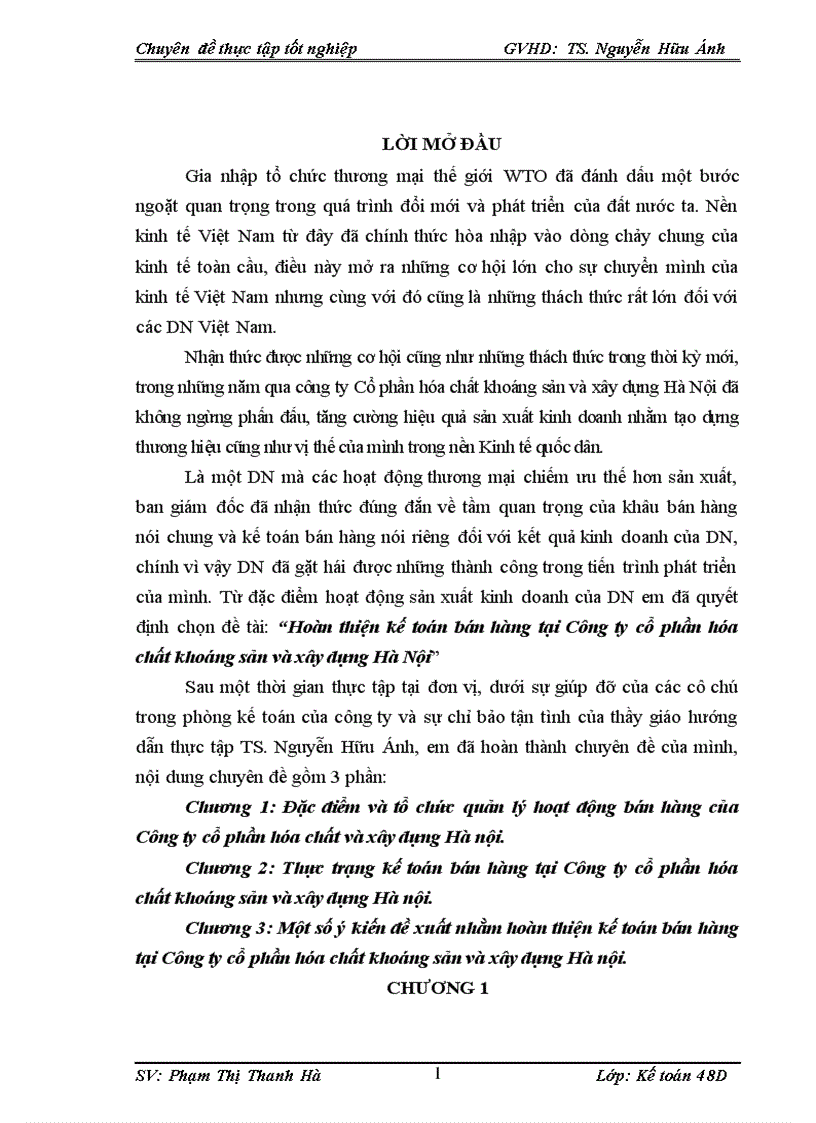Luận văn tốt nghiệp Hoàn thiện Kế toán bán hàng tại công ty CP Hóa Chất Khoáng Sản và Xây Dựng Hà Nội