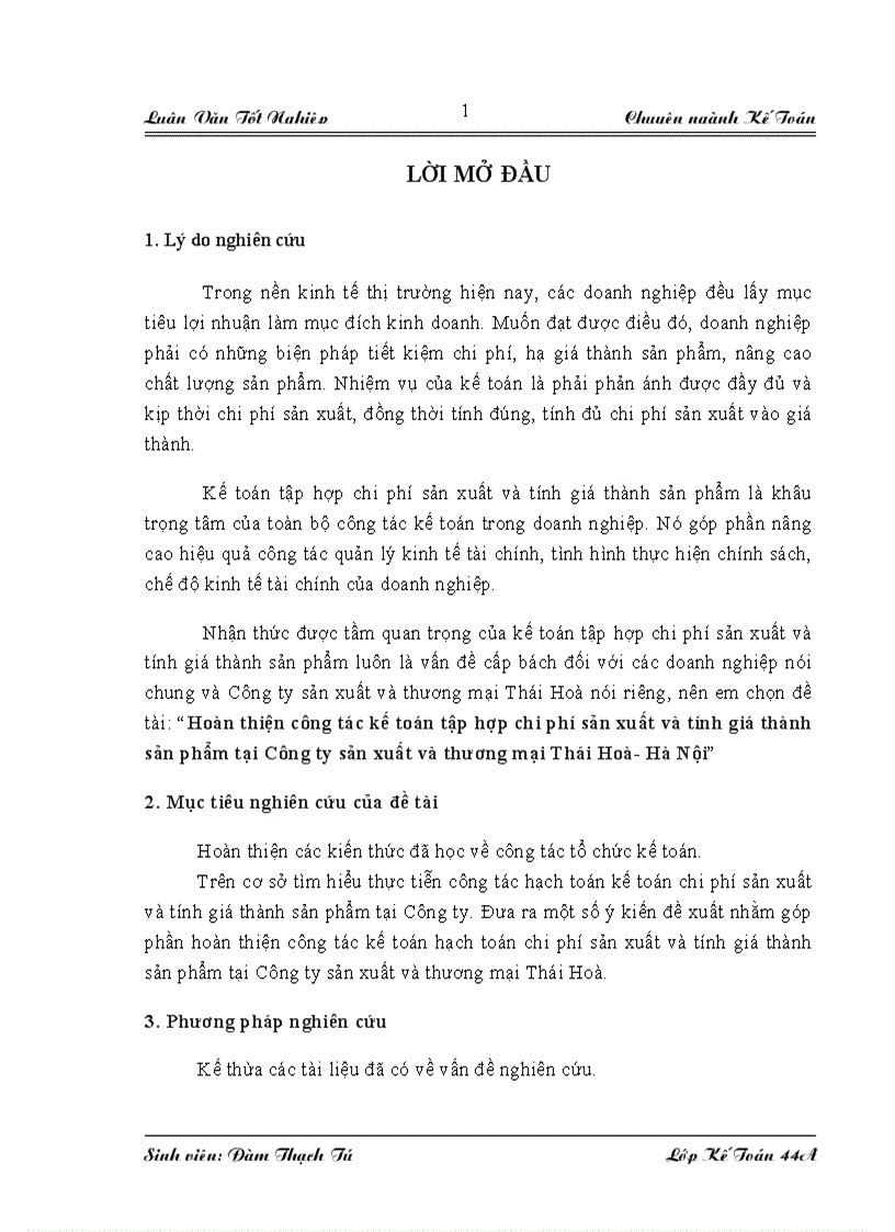 Hoàn thiện công tác kế toán tập hợp chi phí sản xuất và tính giá thành sản phẩm tại Công ty sản xuất và thương mại Thái Hoà Hà Nội