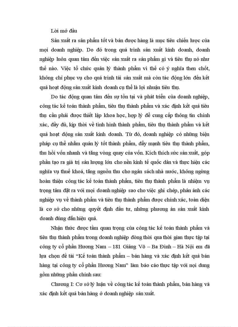 Kế toán thành phẩm bán hàng và xác định kết quả bán hàng tại công ty cổ phần Hương Nam