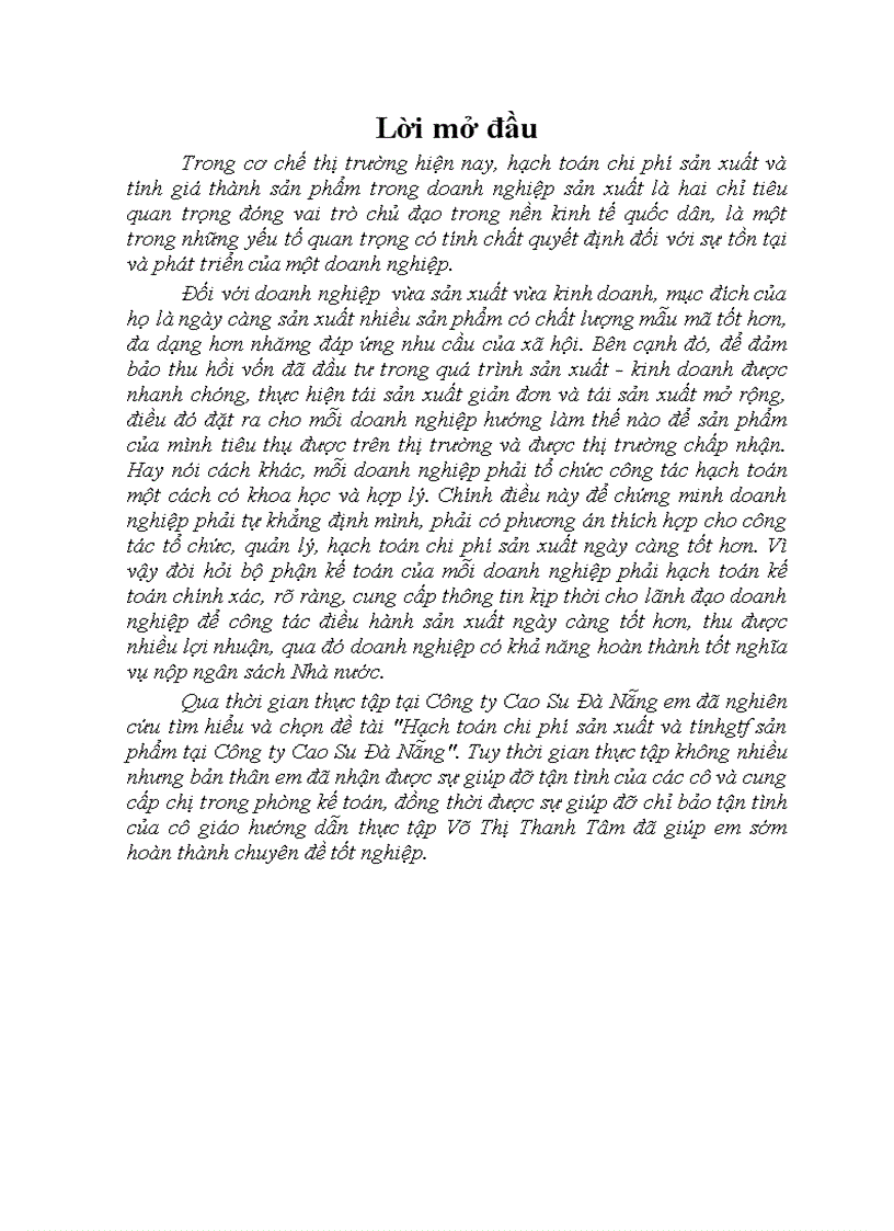 Hạch toán chi phí sản xuất và tính giá thành sản phẩm tại Công ty Cao Su Đà Nẵng