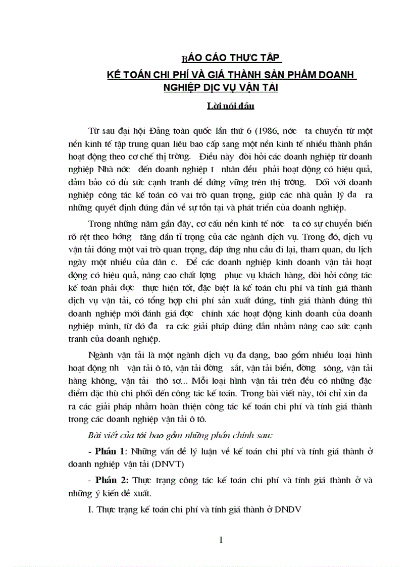 Báo cáo thực tập kế toán chi phí và giá thành sản phẩm doanh nghiệp dịc vụ vận tải