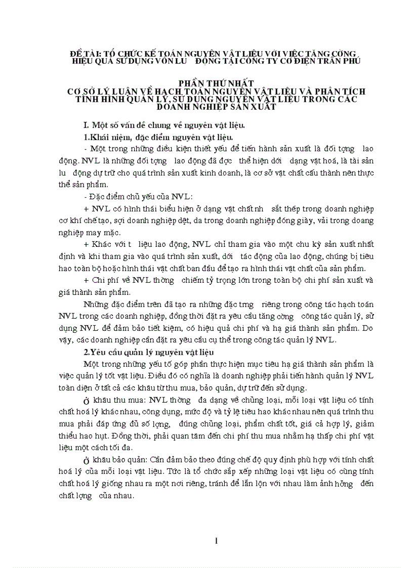Tổ chức kế toán nguyên vật liệu với việc tăng cường hiệu quả sử dụng vốn lưu động tại Công ty cơ điện trần phú