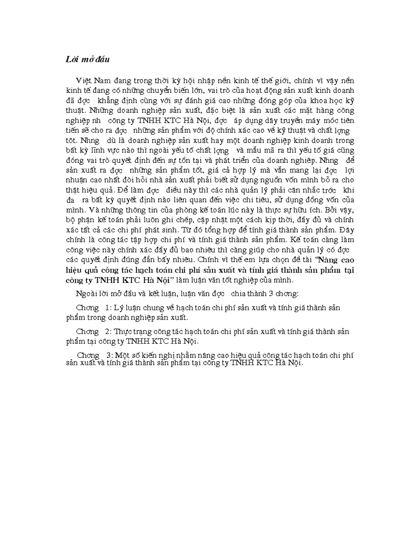Nâng cao hiệu quả công tác hạch toán chi phí sản xuất và tính giá thành sản phẩm tại Công ty TNHH KTC Hà Nội