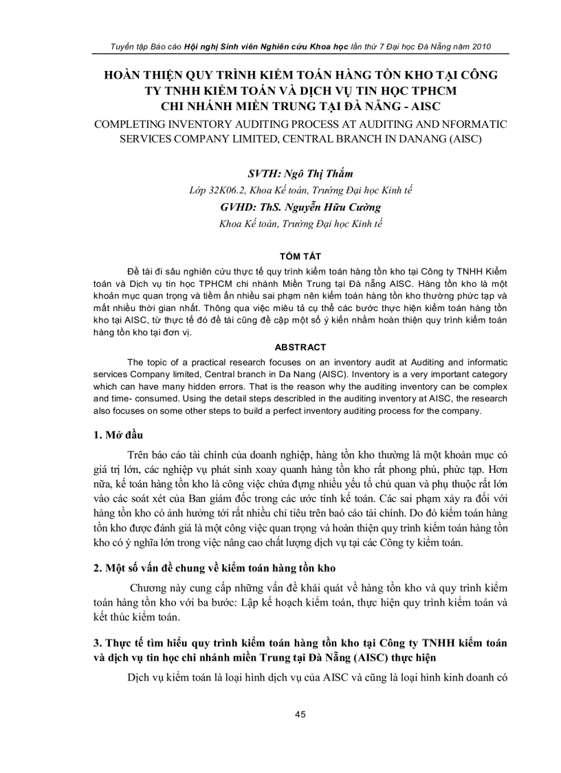 Hoàn thiện quy trình kiểm toán hàng tồn kho tại công ty tnhh kiểm toán và dịch vụ tin học tphcm chi nhánh miền trung tại đà nẵng aisc