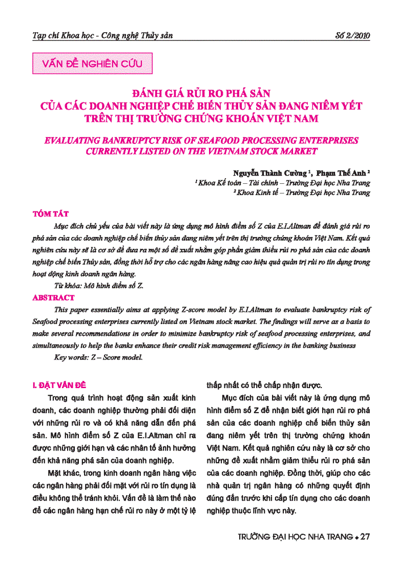 Đánh giá rủi ro phá sản của các doanh nghiệp chế biến thủy sản đang niêm yết trên thị trường chứng khoán việt nam