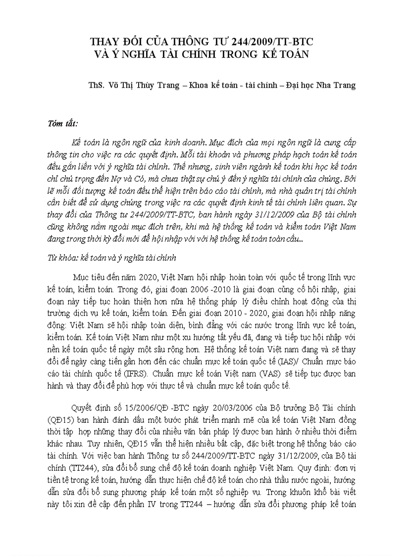 Thay đổi của thông tư 244 2009 tt btc và ý nghĩa tài chính trong kế toán