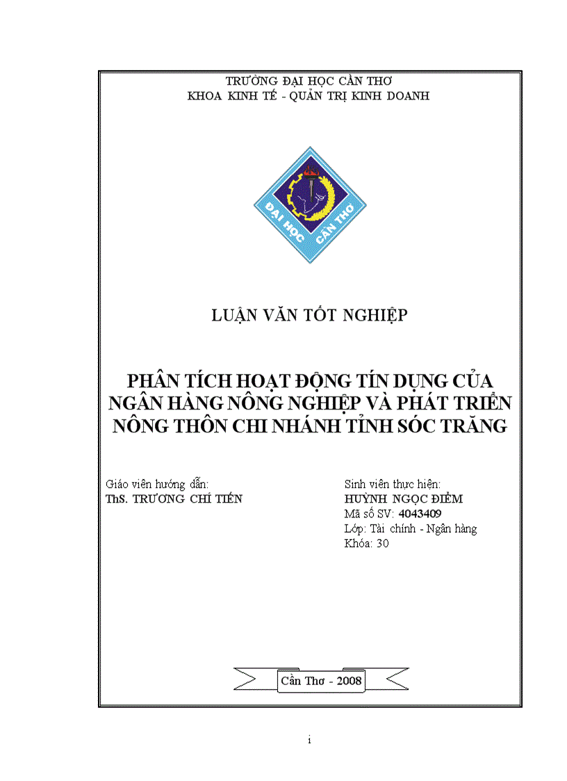 Phân tích hoạt động tín dụng của Ngân hàng Nông nghiệp và Phát triển nông thôn chi nhánh tỉnh Sóc Trăng