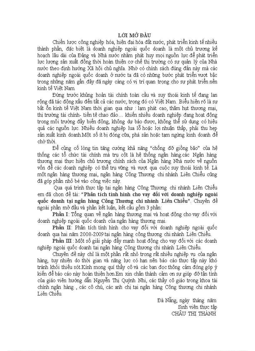 Phân tích tình hình cho vay đối với doanh nghiệp ngoài quốc doanh tại ngân hàng Công Thương chi nhánh Liên Chiểu