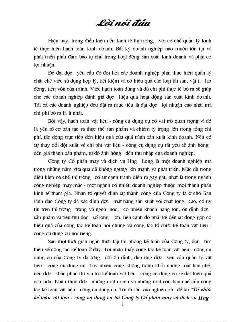 Tổ chức kế toán vật liệu công cụ dụng cụ tại Công ty Cổ phần may và dịch vụ Hưng Long