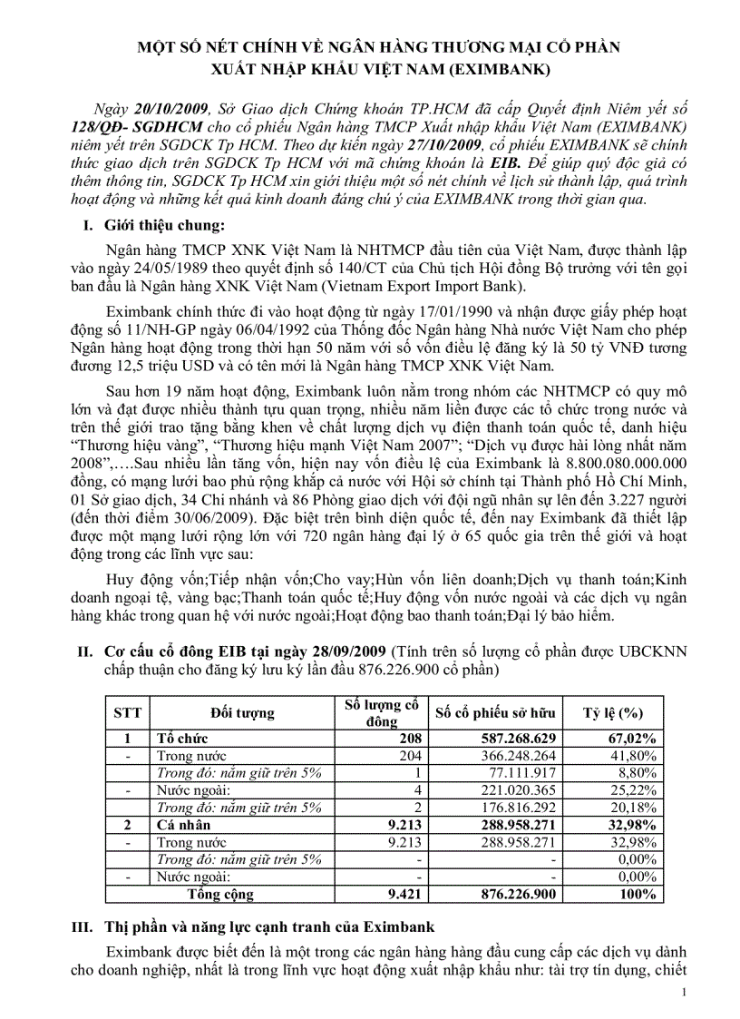 Một số nét chính về ngân hàng thương mại cổ phần xuất nhập khẩu việt nam eximbank