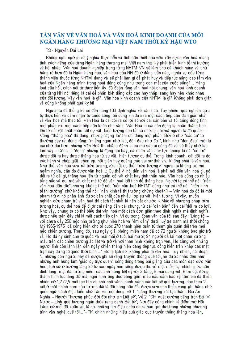 Tản văn về văn hoá và văn hoá kinh doanh của mỗi ngân hàng thương mại việt nam thời kỳ hậu wto