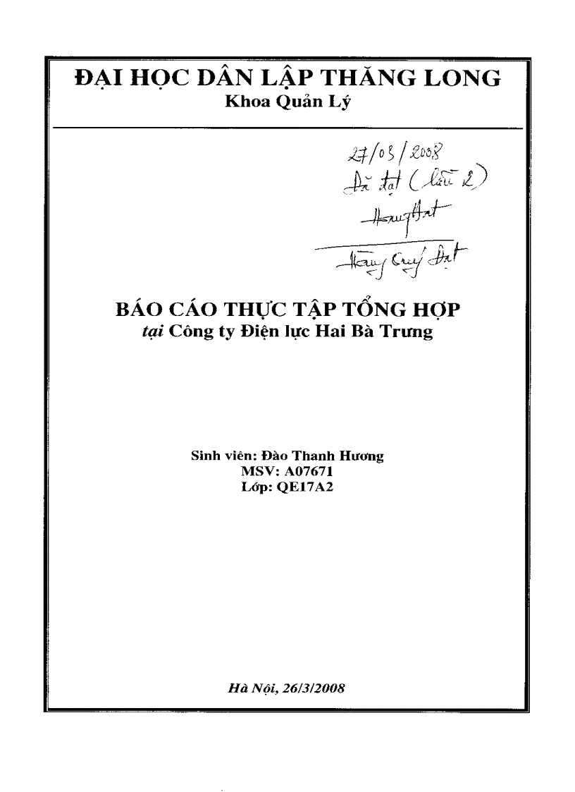 Báo cáo thực tại công ty điện lực Hai Bà Trưng