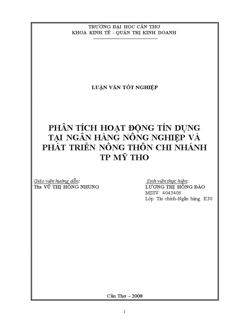 Phân tích hoạt động tín dụng tại ngân hàng nông nghiệp và phát triển nông thôn chi nhánh tp mỹ tho