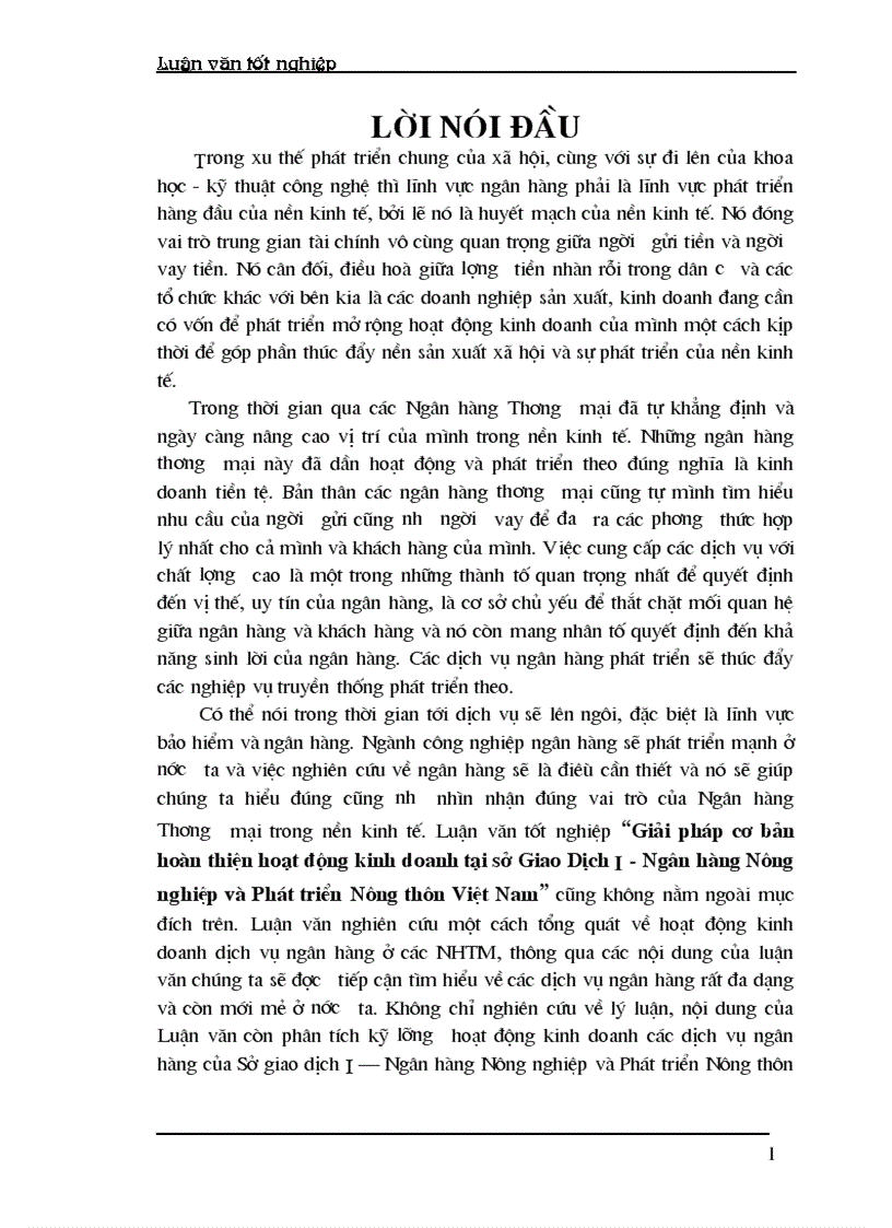 Giải pháp cơ bản hoàn thiện hoạt động kinh doanh tại sở Giao Dịch I Ngân hàng Nông nghiệp và Phát triển Nông thôn Việt Nam