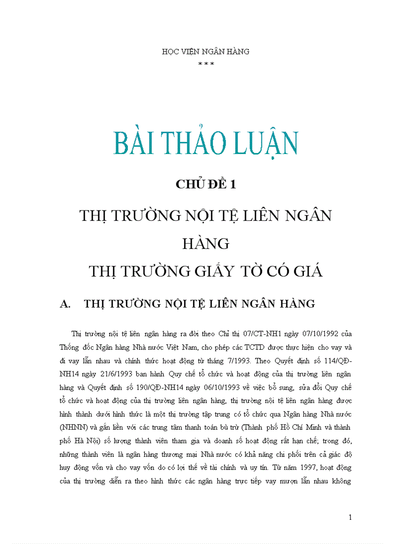 Thị trường nội tệ liên ngân hàng và thị trường giấy tờ có giá học viện ngân hàng