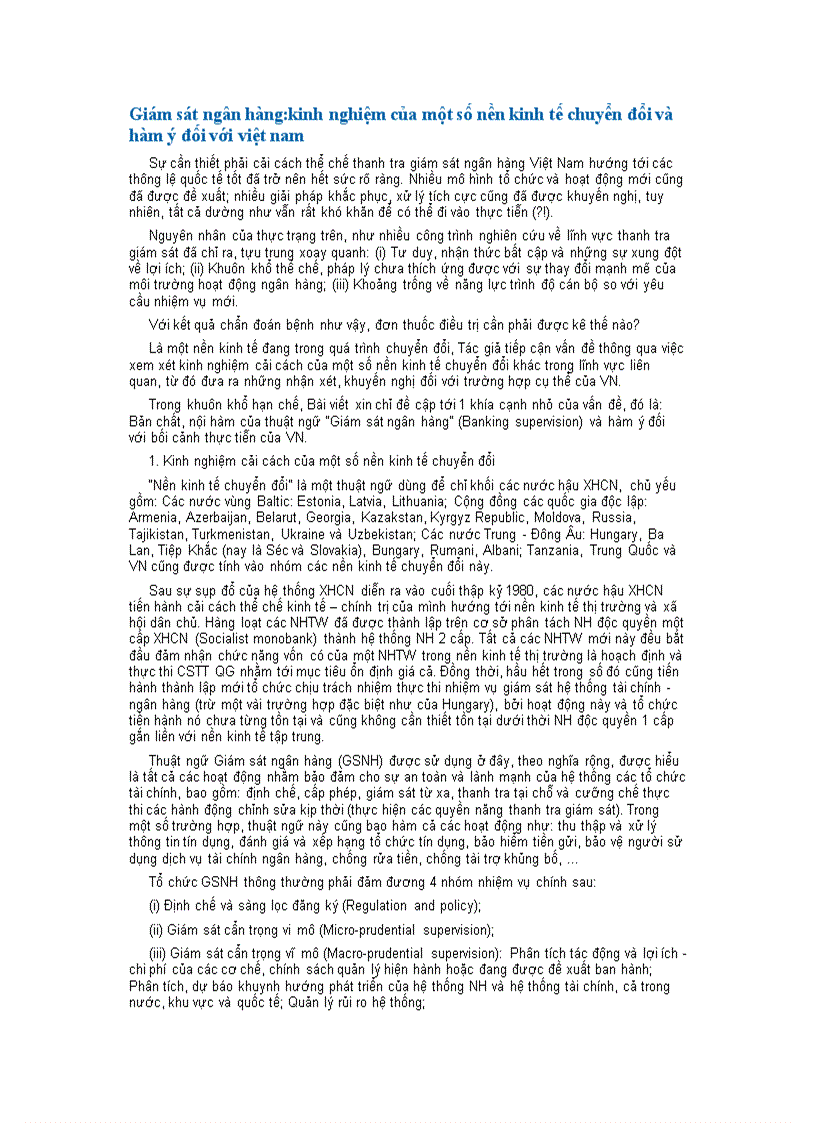 Giám sát ngân hàng kinh nghiệm của một số nền kinh tế chuyển đổi và hàm ý đối với việt nam