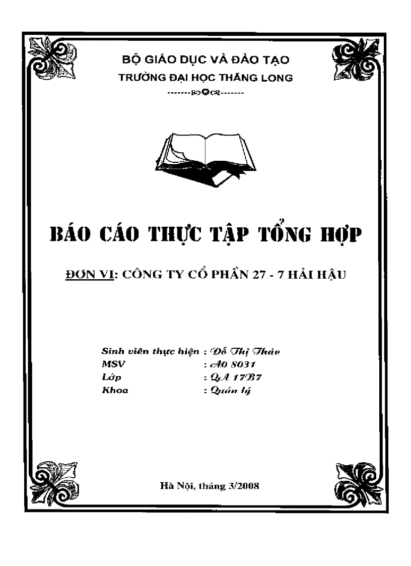 Báo cáo thực tập tại Công ty Cổ phần 27 7 Hải Hậu
