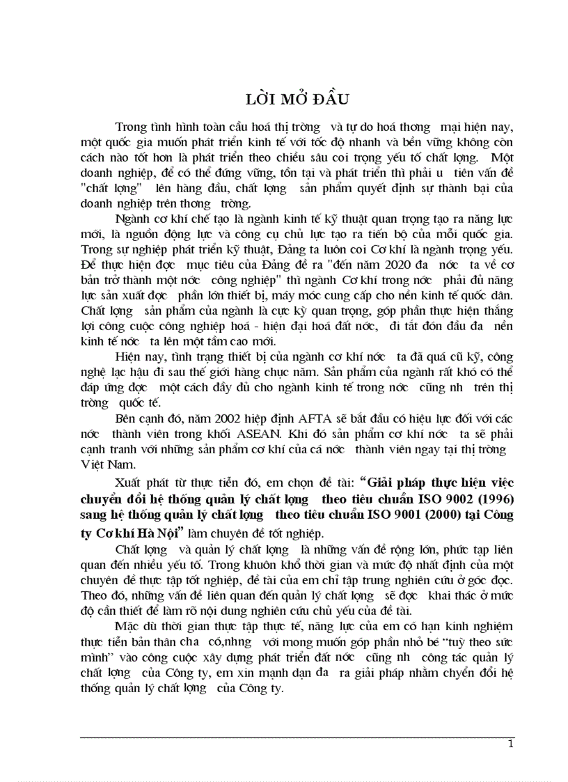 Giải pháp thực hiện việc chuyển đổi hệ thống quản lý chất lượng theo tiêu chuẩn ISO 9002 1996 sang hệ thống quản lý chất lượng theo tiêu chuẩn ISO 9001 2000 tại Công ty Cơ khí Hà Nội
