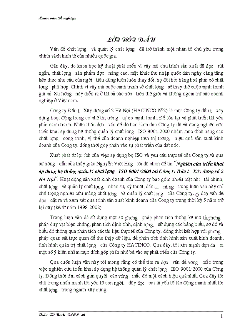 Nghiên cứu triển khai áp dụng hệ thống quản lý chất lượng ISO 9001 2000 tại Công ty Đầu tư Xây dựng số 2 Hà Nội