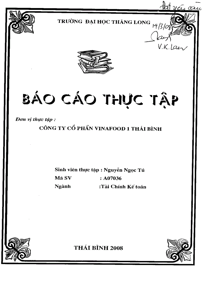 Báo cáo thực tập tại Công ty cổ phần VINAFOOD 1 Thái Bình