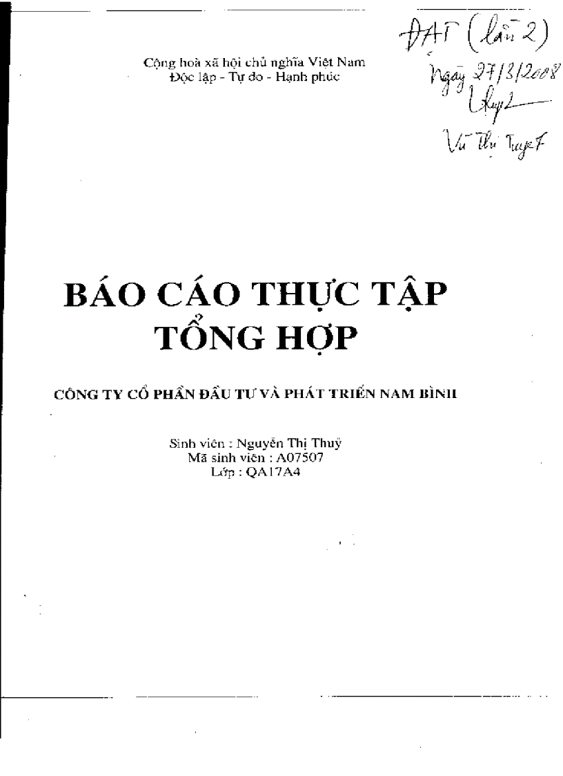 Báo cáo thực tập tại Công ty cổ phần đâu tư và Phát triển Nam Bình