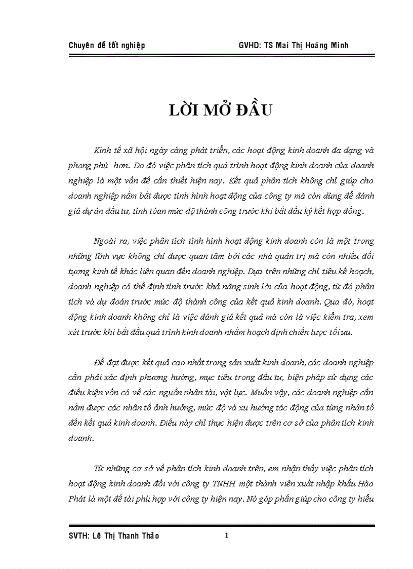 Việc phân tích hoạt động kinh doanh đối với công ty TNHH một thành viên xuất nhập khẩu Hào Phát