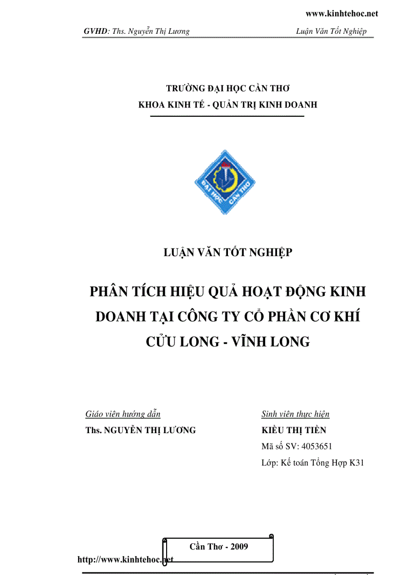 Phân tích hiệu quả hoạt động kinh doanh tại công ty cổ phần cơ khí Cửu Long Vĩnh Long