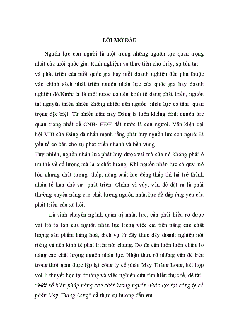 Một số biện pháp nâng cao chất lượng nguồn nhân lực tại công ty cổ phần May Thăng Long