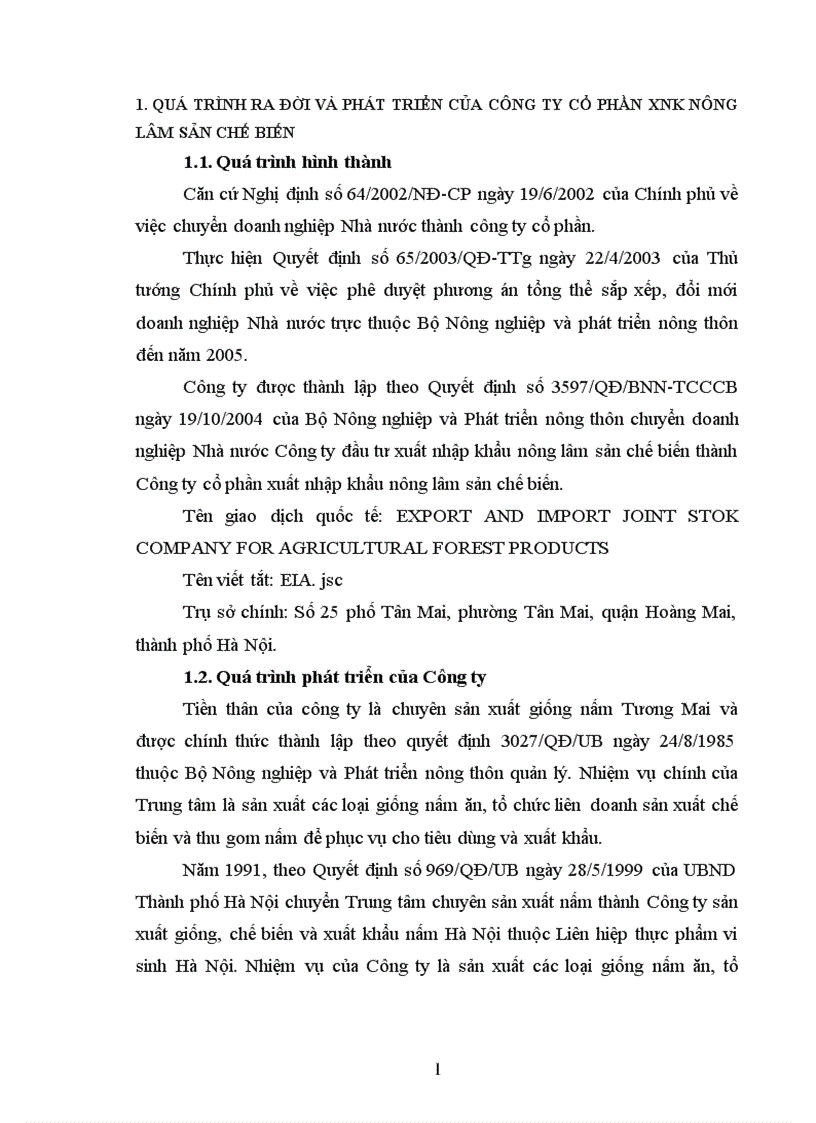 Hoạt động sản xuất kinh doanh của Công ty cổ phần xuất nhập khẩu nông lâm sản chế biến