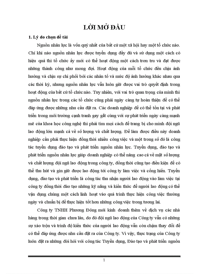 Thực trạng và một số giải pháp nhằm hoàn thiện công tác Tuyển dụng Đào tạo và phát triển nguồn nhân lực tại Công ty TNHH Phương Đông