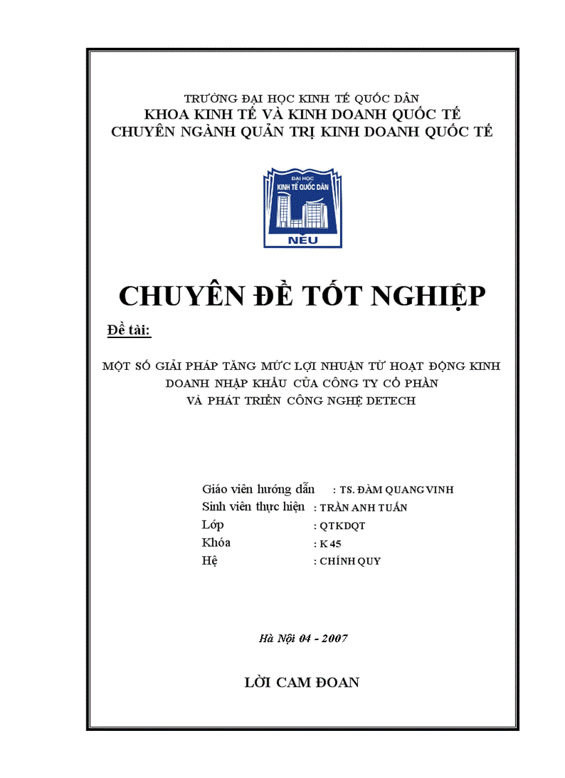 Một số giải pháp tăng mức lợi nhuận từ hoạt động nhập khẩu tại công ty cổ phần hỗ trợ và phát triển công nghệ Detech