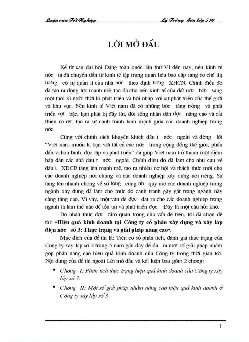 Hiệu quả kinh doanh tại Công ty cổ phần xây dựng và xây lắp điện nước số 3 Thực trạng và giải pháp nâng cao